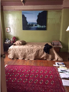 The Turkish room with its green walls, short tables, kilims