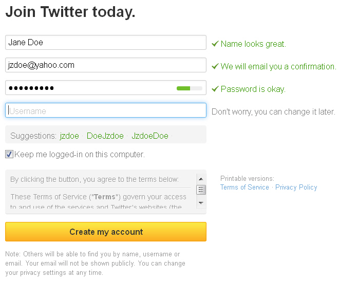 Twitter form for entering a username, with suggested usernames