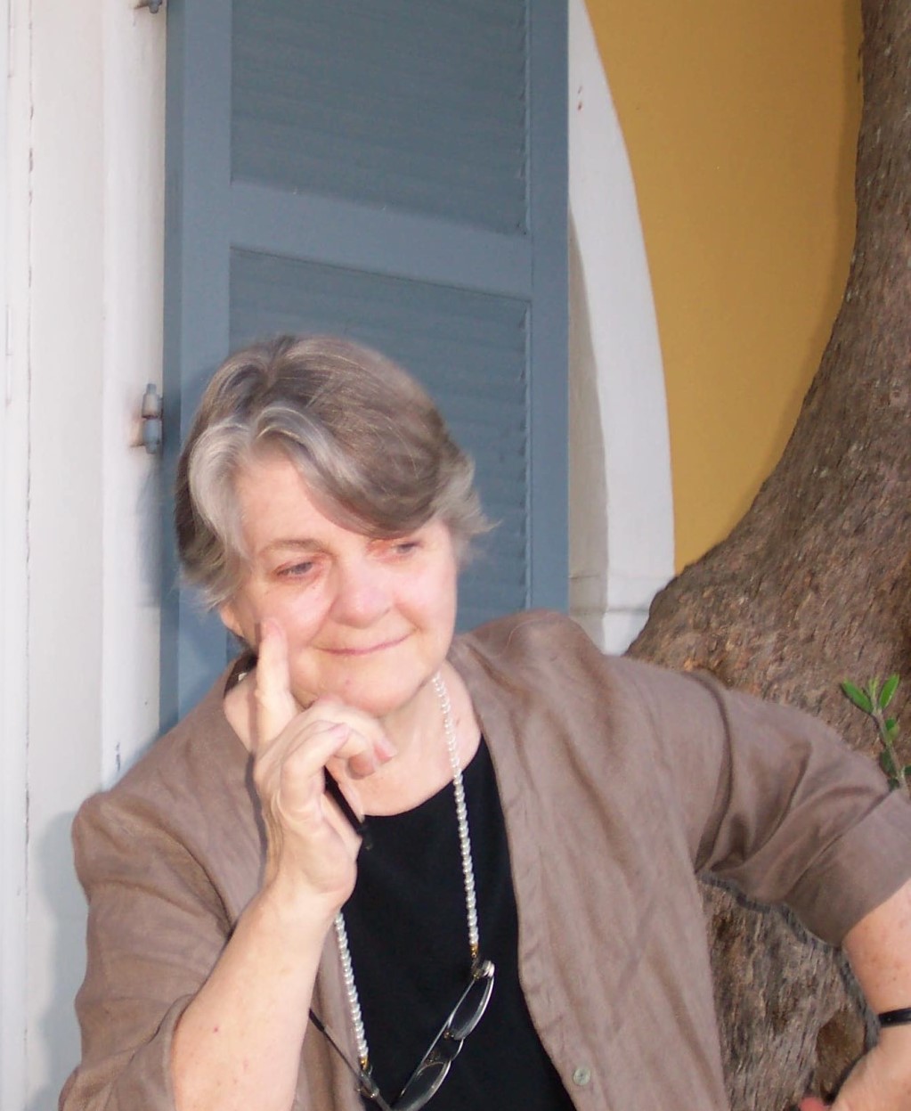 Barbara Sher, outdoors at retreat, thinking