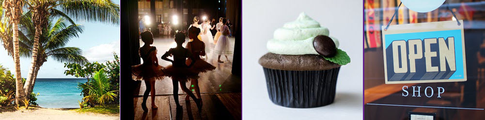 Images of wishes: beach, ballet, cupcake, store open sign